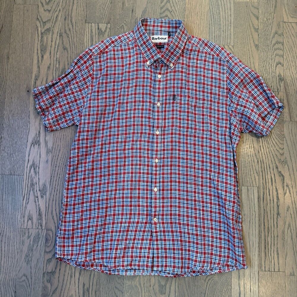 Barbour Men's Plaid Button-up‎ Short Sleeve Shirt Tailored Fit Size XL